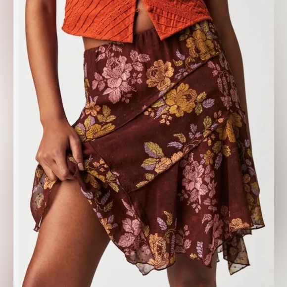 Free People Dresses & Skirts - Free People Milly Asymmetrical Floral Mini Skirt Copper Brown Size XS NWOT